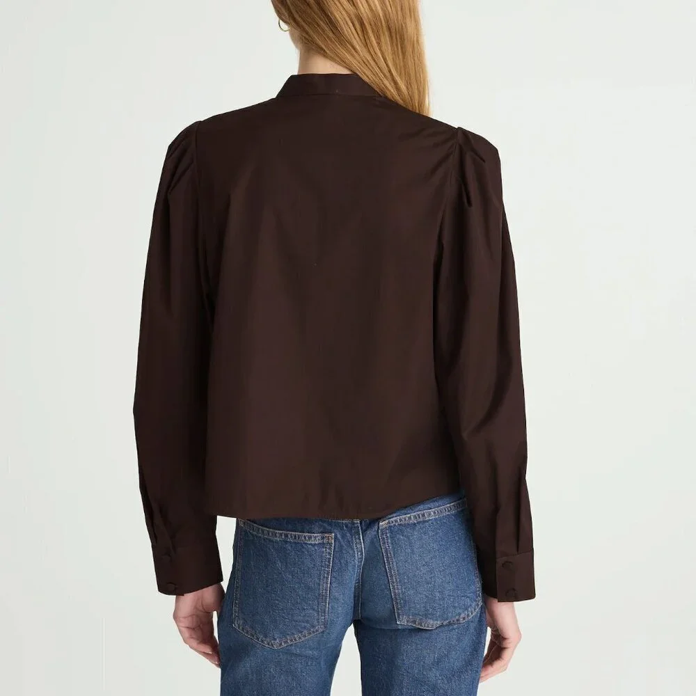 Madewell Button Up Band Collar Pleated Puff Sleeve Shirt Brown Size M NWT